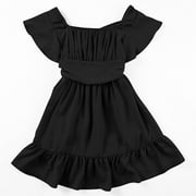 LUOGENLI Dress for Girls Girls Summer Tie Back Dress Tween Kids off Shoulder Dresses Size 4 13 Years Girls Easter Dresses 5T-6T Graduation Easter Dresses for Girls 5-6 Formal Black 12-13 Years